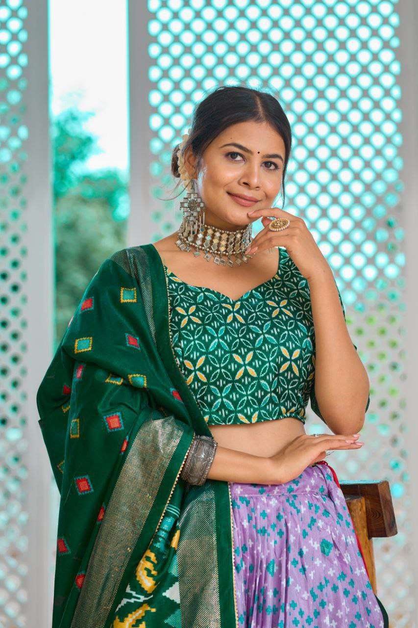 Light Baby Pink Tussar Silk Lehenga Choli with Green Blouse | Minakari & Foil Print | Wedding & Festive Wear - Image 5